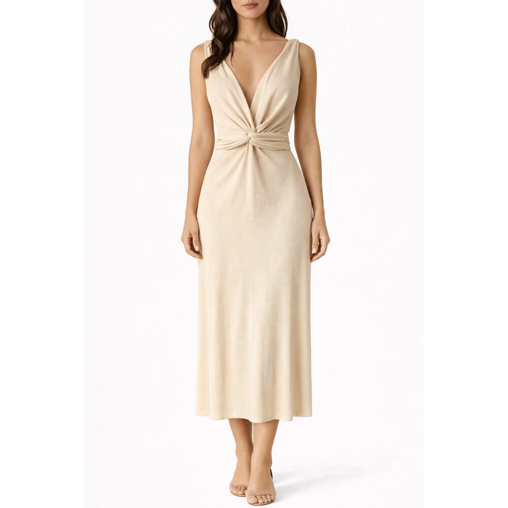 Mayle Vasquez Palmarena Dress XS Beige Cream Ribbed Midi Wrap Tie Waist